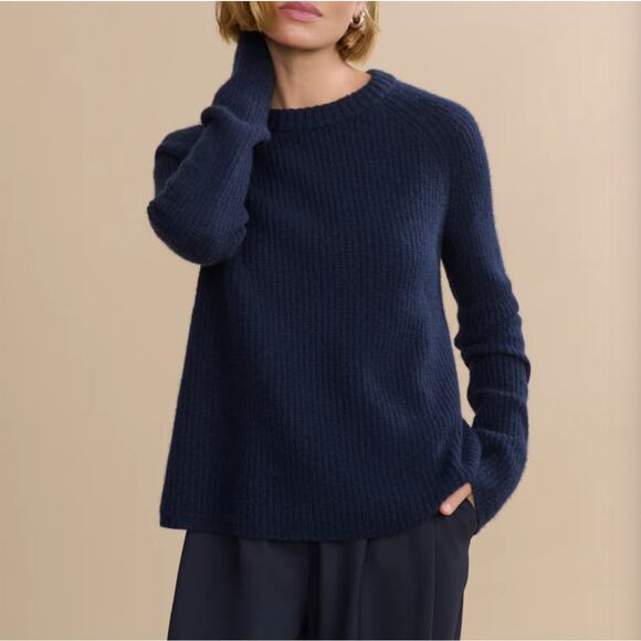 Jenni Kayne Cashmere Classic Fisherman Sweater Large Cozy Navy Neutral - Picture 1 of 6